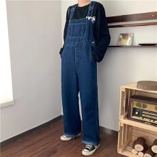 批发港风牛仔背带裤男春秋新款宽松直筒<b class='q'>情侣</b><b class='q'>潮流</b>百搭阔腿连体裤子