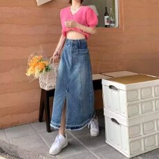 批发开叉牛仔半身裙女夏装新款大码胖mm中长款高腰包臀A字长裙子