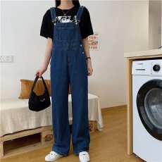 批发女春秋季酷盐系阔腿<b class='q'>大码</b>连体宽松减龄<b class='q'>背带裤</b>显瘦韩版吊带牛仔裤子