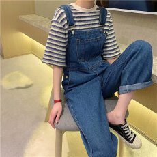 批发女春秋季酷盐系阔腿<b class='q'>大码</b>连体宽松减龄<b class='q'>背带裤</b>显瘦韩版吊带牛仔裤子