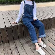 批发复古做旧蓝色显瘦吊带牛仔裤男女<b class='q'>背带裤</b>百搭宽松直筒连体裤ins潮