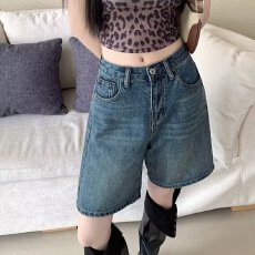 批发复古水洗直筒牛仔短裤女高腰显瘦宽松做旧中裤夏季薄款阔腿五分裤