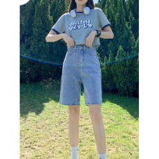 批发高腰牛仔五分裤女短裤显瘦宽松夏季新款大码胖MM阔腿中裤子