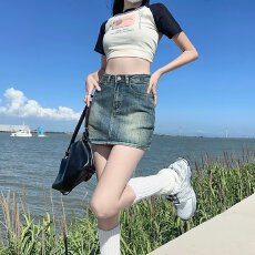批发美式复古牛仔<b class='q'>短裙</b>女夏季显瘦性感辣妹紧身<b class='q'>包臀</b>裙裤短款高腰半身裙