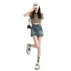 批发美式夏季高腰弹力显瘦复古牛仔裙a字裙女防走光辣妹<b class='q'>包臀</b>牛仔<b class='q'>短裙</b>