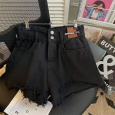 批发黑色破洞毛边牛仔短裤女夏季新款高腰宽松显瘦阔腿a字热裤