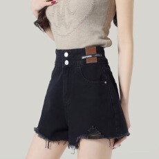 批发黑色毛边牛仔短裤女夏季新款双扣设计感高腰宽松a字阔腿热裤