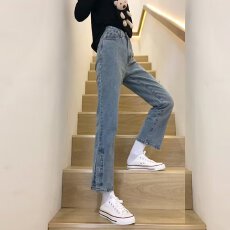 批发春季韩版复古高腰宽松开叉牛仔裤女直筒百搭学生显瘦九分裤潮