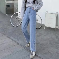 批发牛仔裤女新款秋季蓝色纽扣直筒休闲显瘦小个子直筒裤