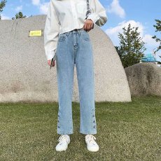 批发开叉高腰浅色牛仔裤女chic显瘦显高早春新款韩版设计感百搭直筒裤
