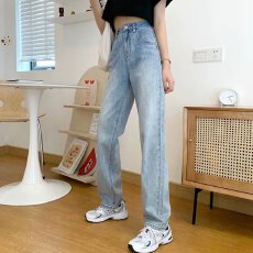 批发浅色牛仔裤女直筒宽松秋季新款小个子裤子ins风韩版高腰拖地裤潮