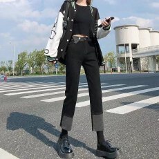 批发春季新款港味渐变拼色设计感后扣高腰弹力牛仔裤女八分烟管裤