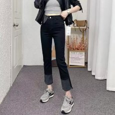 批发高腰直筒牛仔裤女秋季新款设计感紧身显瘦设计感烟管裤子