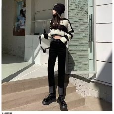 批发黑色高腰卷边小个子直筒牛仔裤女春秋新款宽松九分烟管裤子