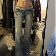 批发大码欧美辣妹复古水洗浅色牛仔裤女夏季设计感重工低腰阔腿拖地裤