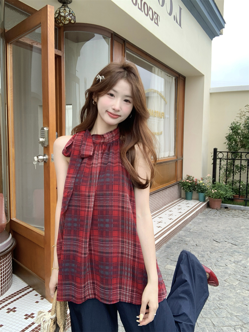 실사 정가 새로운 망사 체크무늬 행침 목 나비 매듭 루즈핏 캐주얼 다용도 민소매 맨위