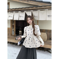 批发实拍~秋冬气质减龄毛茸茸小碎花圆领泡泡<b class='q'>短袖</b>娃娃衫+百搭打底衫