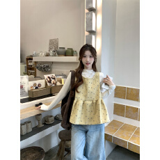 批发实拍~秋冬韩系设计感温柔风碎黄色花无袖背心<b class='q'>衬衫</b>+百搭打底衫