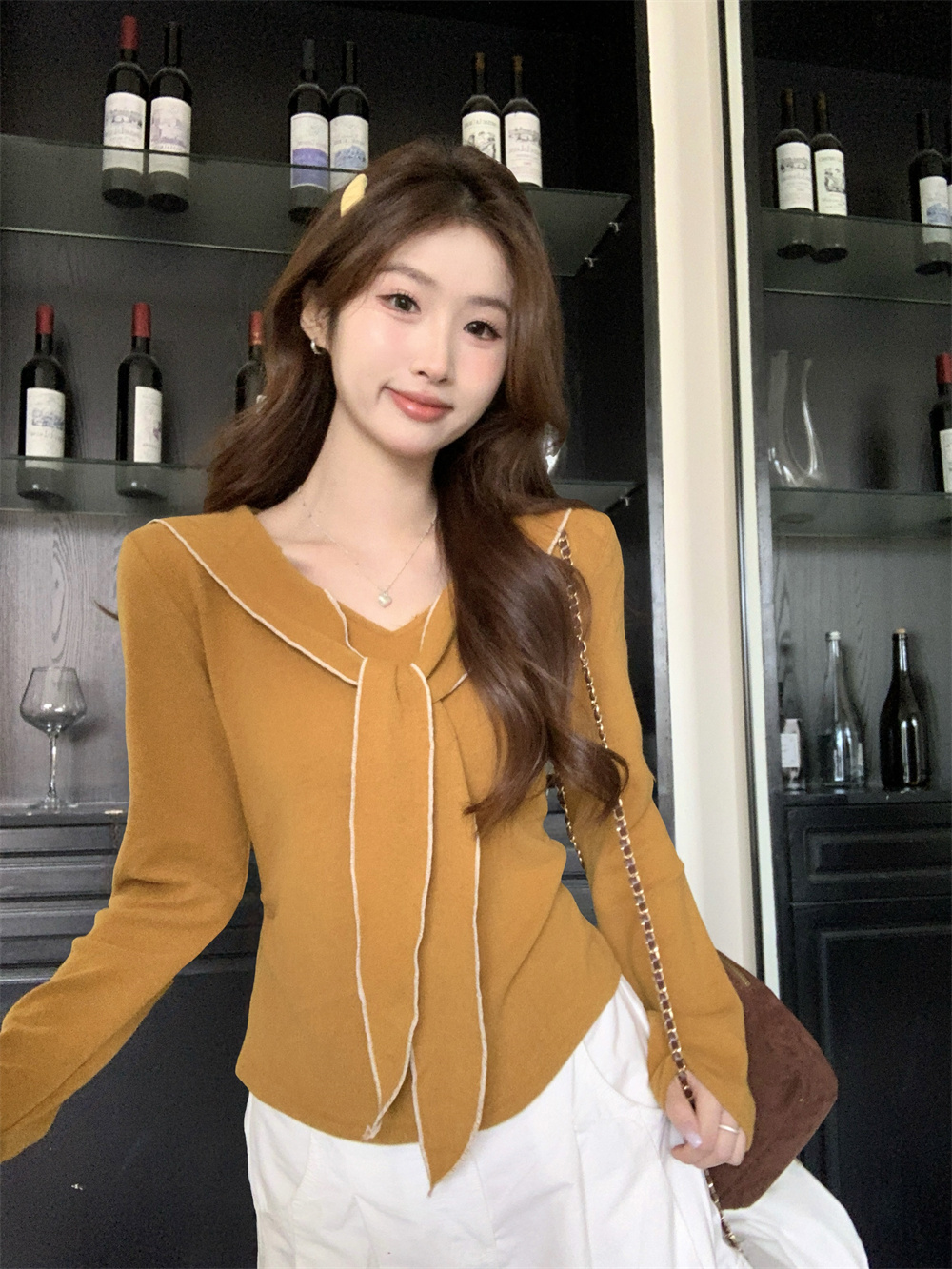 실사 정가 한 부서 착용 가져 가라. 분위기 센스 루즈핏 학원 스타일 주황색 숄 긴팔 스웨터 니트 오픈 가디건