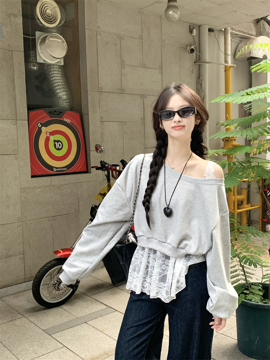 실사 정가 새로운 느긋한 바람 달콤함 레이스 조각 페이크 레이어드 Chic 다용도 회색 비스듬한 어깨 의류