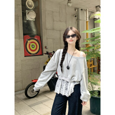 批发实拍实价~新款慵懒风<b class='q'>甜美</b>蕾丝拼接假两件别致百搭灰色斜肩上衣