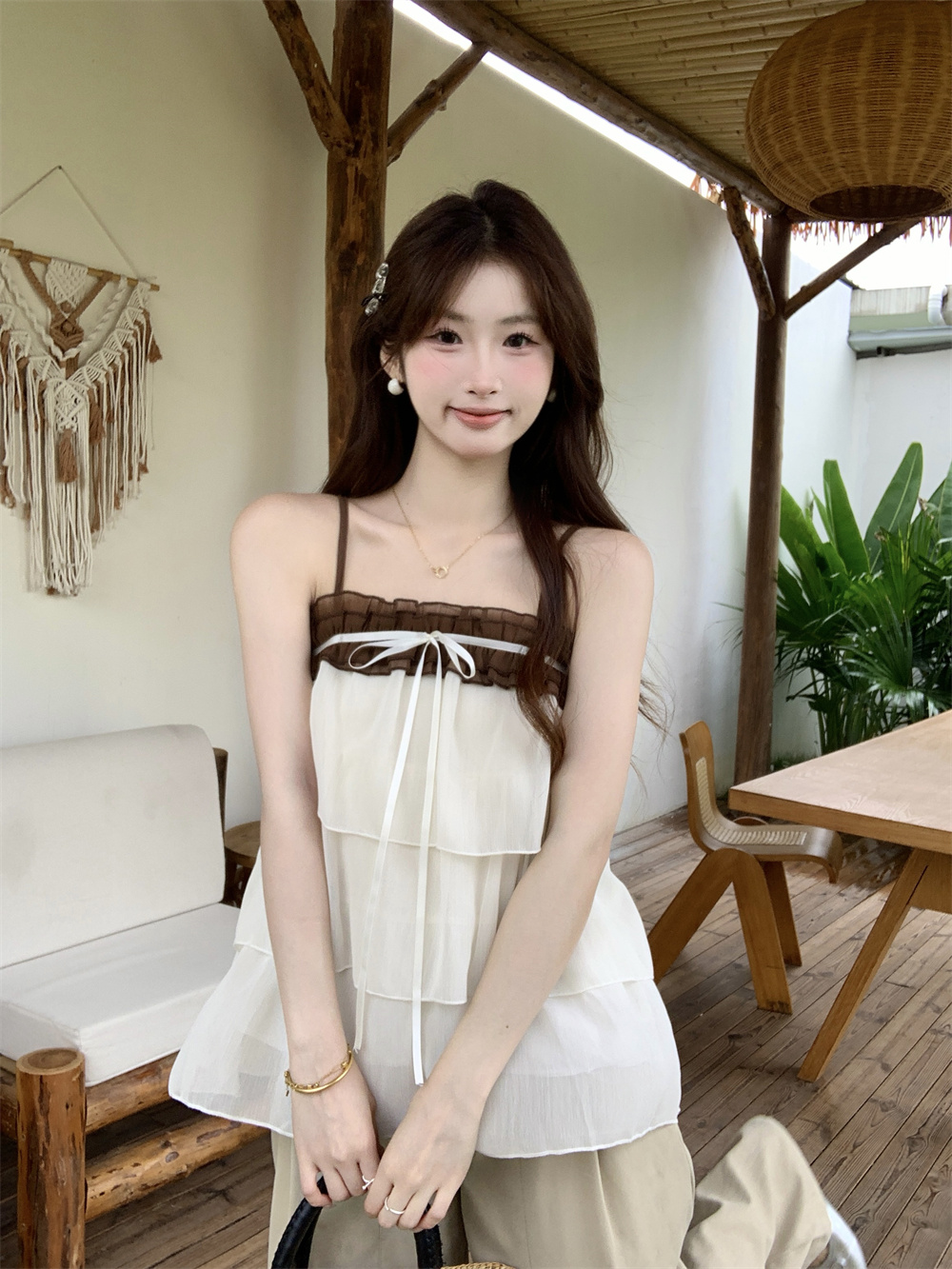 실사 정가 한 부서 부드러운 바람 다중 레이어 패치워크 프릴 조끼 레이스업 나비 매듭 슬립 맨위