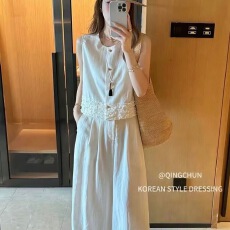 批发2025夏款小个子韩系休闲简约气质木耳边拼接马甲+阔腿裤两件套女