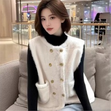 批发小香风双排扣马甲外套<b class='q'>女</b>秋冬仿水貂绒毛衣开衫加厚保暖皮草上衣