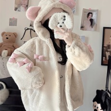 批发仿羊羔毛外套女冬季棉服新款宽松小众设计奶系连帽棉衣