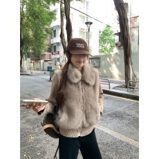 批发针织袖拼仿狐狸毛翻领外套女高级感保暖百搭上衣<b class='q'>秋</b>