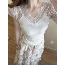 批发V领蕾丝短袖针织衫➕<b class='q'>钉珠</b><b class='q'>连衣裙</b>女高级感纯欲修身显套装