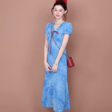 批发法式蓝色碎花连衣裙子女装夏季2026新款爆款独特漂亮包臀鱼尾<b class='q'>长裙</b>