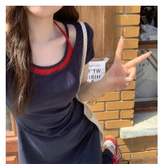 批发2026新款纯欲风假两件针织<b class='q'>连衣裙</b>子女夏季韩系高级感气质掐腰<b class='q'>长裙</b>