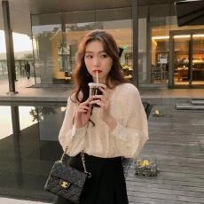 批发安璃春季爆款小波点木耳边上衣小清新甜美<b class='q'>淑女</b>蕾丝衫/<b class='q'>雪纺衫</b>长袖