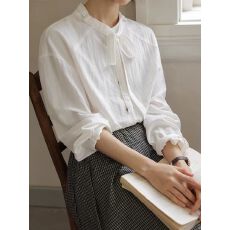 批发半芍日系文艺复古长袖系带<b class='q'>衬衫</b>女春秋叠穿内搭设计感百搭显瘦<b class='q'>衬衣</b>
