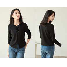 批发2025秋季新款女小开叉宽松慵懒上衣新中式盘扣国风长袖<b class='q'>T</b><b class='q'>恤</b>