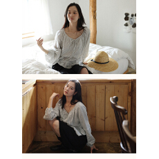 批发Lalaglow 追风的日子 法式气质<b class='q'>蕾丝</b>条纹衬衫女秋季宽松显瘦<b class='q'>娃娃衫</b>