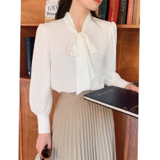 批发2026春装新款蝴蝶结系带雪纺衬衫<b class='q'>女长袖</b>宽松垂感气质纯色百搭上衣