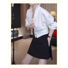 批发法式复古木耳边V领长袖衬衫女2025秋季新款设计感修身显瘦上衣<b class='q'>潮</b>