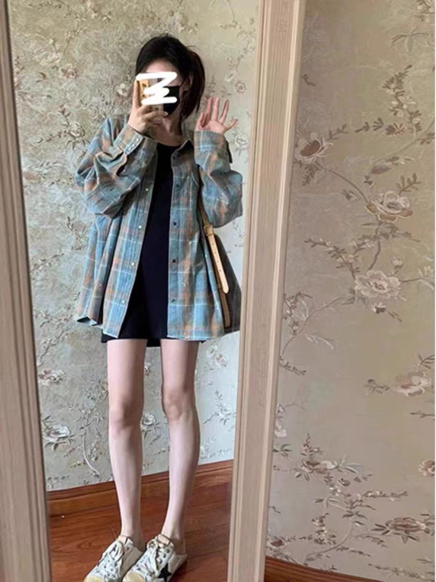새로운 아메리칸 느긋한 바람 격자 무늬 셔츠 여성 코트 이른 가을 조수 브랜드 루즈핏 작은 대중 디자인 센스 맨위