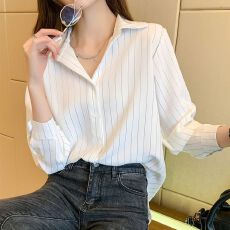 批发女士条纹<b class='q'>衬衫</b>女春秋装新款长分袖polo领洋气上衣时尚<b class='q'>职业</b>气质<b class='q'>衬衣</b>