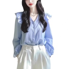 批发全棉轻奢高级感法式小众绝美蓝色<b class='q'>长袖</b><b class='q'>衬衫</b>女早春款