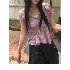 批发东大门新款夏ForUs格子百搭短袖衬衫<b class='q'>潮</b>