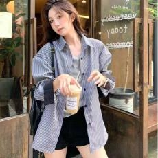 批发竖条纹衬衫外套女秋季新款设计感小众宽松衬衣<b class='q'>韩版</b>复古长袖上衣服