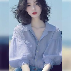 批发夏季韩系chic别致独特设计感紫色<b class='q'>灯笼袖</b><b class='q'>衬衫</b>温柔气质绝美V领上衣