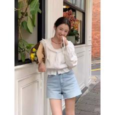 批发韩国chic夏季新款<b class='q'>甜美</b>减龄花边连帽收腰显瘦短款长袖防晒衬衫上衣