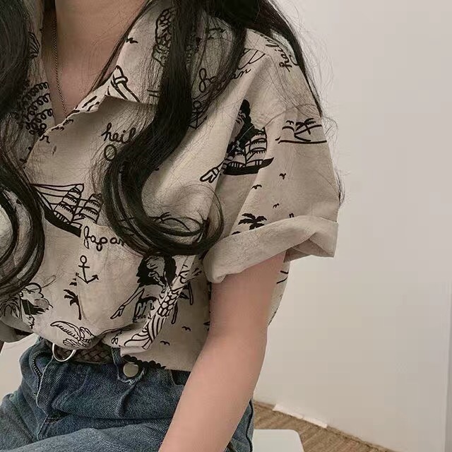 프랑스식 작은 대중 레트로 폴로 칼라 POLO 셔츠 반팔 셔츠 여름 루즈핏 패션 재미있는 프린트 셔츠 켜기