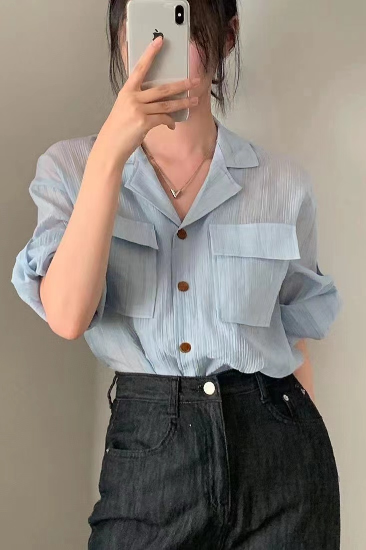 한국 chic 여름 새로운 레트로 출퇴근 정장 칼라 롤 슬리브 여성 셔츠 루즈핏 주머니 셔츠