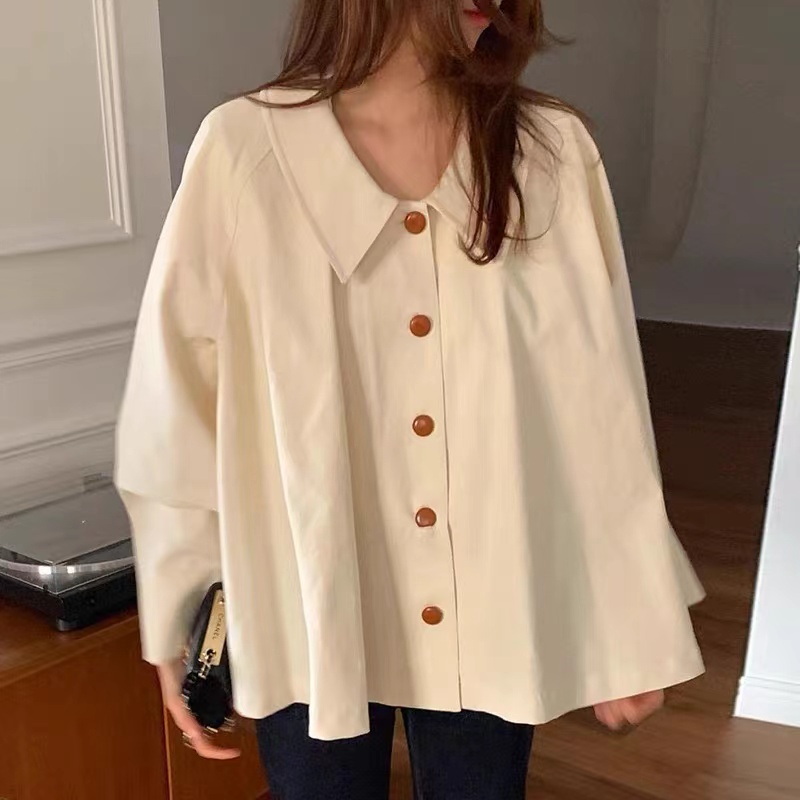한국 chic 봄 프랑스식 미니멀리즘 폴로 칼라 oversize 루즈핏 캐주얼 단색 다용도 긴팔 셔츠 맨위