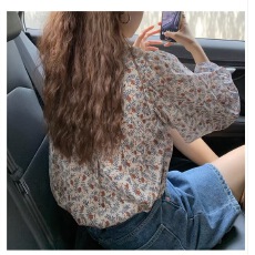 批发法式浪漫主义复古花案<b class='q'>衬衣</b>女ins超仙温柔风甜美v领宽松<b class='q'>碎花</b>雪纺衫